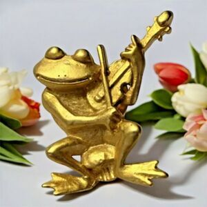 VTG JJ Musical Frog Playing Violin Gold Tone Pin